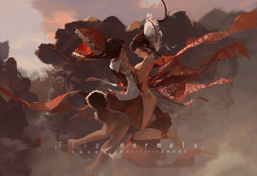 2girls bare_legs bare_shoulders barefoot bound bound_legs bow breasts brown_hair closed_eyes closed_mouth clouds commentary_request day detached_sleeves diao_(nrays) dual_persona english_text flying frilled_bow frilled_skirt frills from_side full_body hair_bow hakurei_reimu hand_on_another's_face highres large_bow long_hair long_sleeves medium_breasts medium_skirt midair multiple_girls nude outdoors red_bow red_skirt ribbon-trimmed_sleeves ribbon_trim sideboob skirt statue touhou white_bow