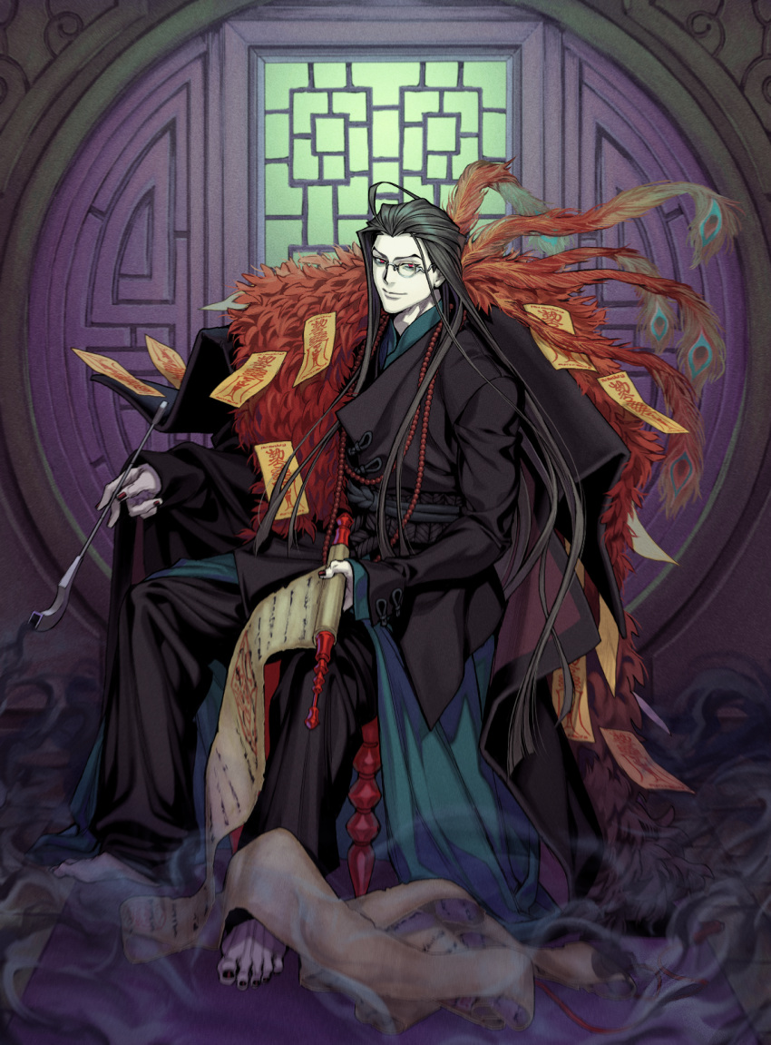 1boy barefoot black_hair black_nails chair fur_trim glasses highres holding holding_pipe holding_scroll indoors komiya_kuniharu long_hair male_focus peacock_feathers pipe pixiv_fantasia pixiv_fantasia_last_saga red_eyes scroll sitting smoke solo talisman