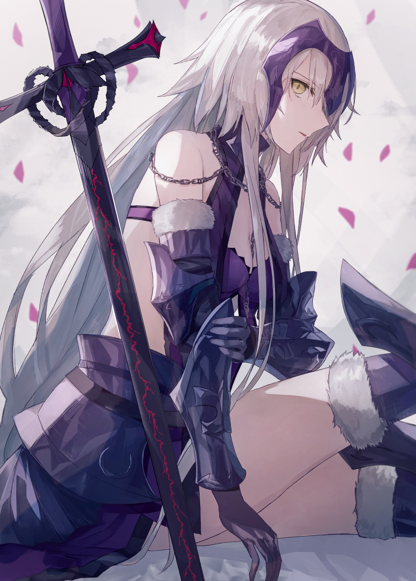1girl absurdres armored_boots black_gloves boots chain detached_sleeves dress fate/grand_order fate_(series) faulds from_side fur-trimmed_sleeves fur_boots fur_trim gloves grey_background headpiece highres huge_filesize jeanne_d'arc_(alter)_(fate) jeanne_d'arc_(fate)_(all) layered_dress long_hair long_sleeves looking_at_viewer parted_lips purple_dress silver_hair sitting sleeveless sleeveless_dress solo thigh-highs thigh_boots thkani very_long_hair yellow_eyes