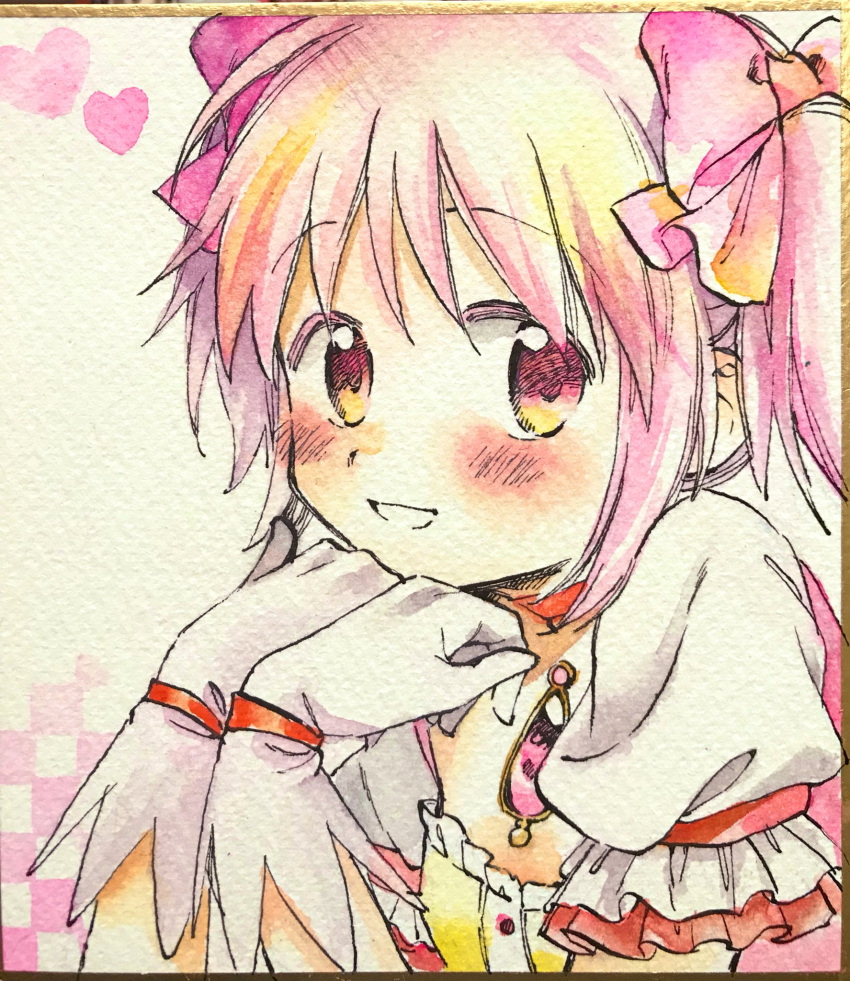 1girl arms_up blush checkered checkered_background chin_rest close-up eyebrows_visible_through_hair face flat_chest frilled_sleeves frills gloves hair_between_eyes hair_ribbon hands_on_own_chin hands_on_own_face heart heart_background highres kaname_madoka looking_at_viewer mahou_shoujo_madoka_magica multicolored multicolored_eyes no+bi= orange_eyes parted_lips pink_eyes pink_hair pink_ribbon puffy_short_sleeves puffy_sleeves ribbon shikishi short_sleeves short_twintails sidelocks simple_background solo soul_gem traditional_media twintails upper_body watercolor_(medium) white_background white_gloves