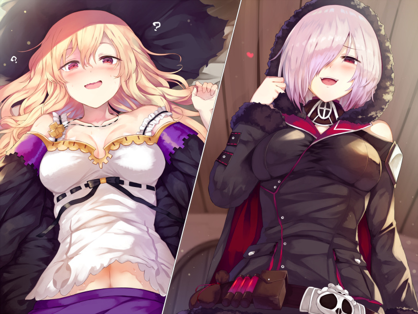 2girls :d ? bed_sheet belt black_coat blonde_hair blush collarbone dorothy_(shingeki_no_bahamut) from_above from_below fur_coat hair_over_one_eye hooded_coat jewelry long_hair long_sleeves looking_at_viewer lying midriff multiple_girls necklace on_back open_mouth pillow pov red_eyes shadowverse shirt short_hair shoulder_cutout silver_hair smile split_screen standing stomach white_shirt wizardess_of_oz yamato_(muchuu_paradigm)