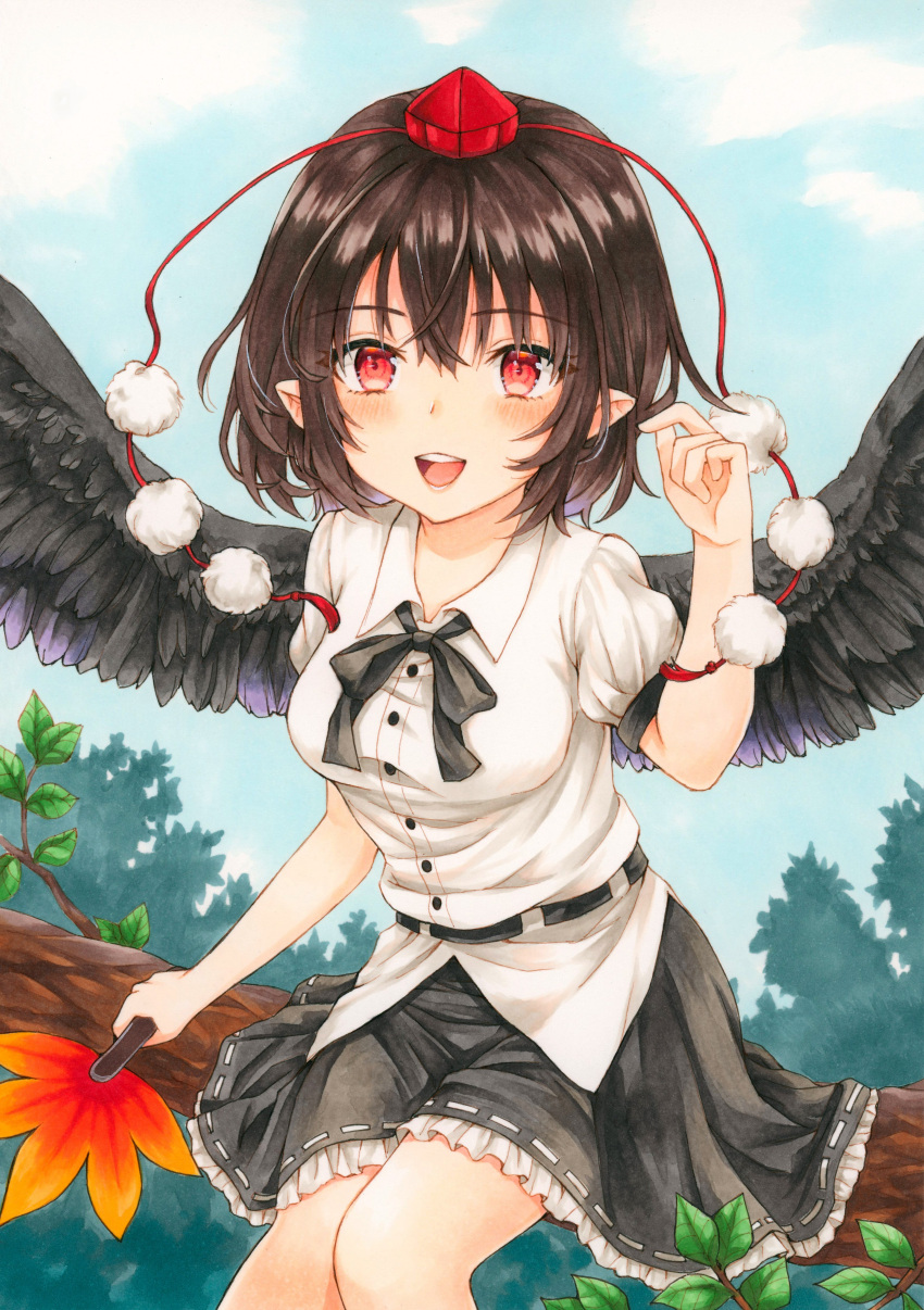 1girl :d absurdres bangs belt black_belt black_hair black_neckwear black_ribbon black_skirt black_wings blue_sky blush branch breasts clouds commentary_request day eyebrows_visible_through_hair fan feathered_wings feet_out_of_frame hair_between_eyes hand_up hat highres holding holding_fan kananotte leaf leaf_fan looking_at_viewer medium_breasts miniskirt neck_ribbon open_mouth outdoors petticoat pointy_ears pom_pom_(clothes) puffy_short_sleeves puffy_sleeves red_eyes ribbon shameimaru_aya shirt short_hair short_sleeves sidelocks sitting skirt sky smile solo tassel tokin_hat touhou traditional_media tree white_shirt wings