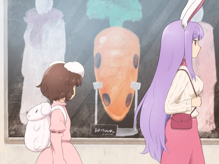 2girls adapted_costume animal_ears backpack bag brown_hair bunny_backpack casual commentary contemporary cowboy_shot dress from_side handbag inaba_tewi long_hair long_sleeves multiple_girls pink_dress pink_skirt profile purple_hair rabbit_ears red_eyes reisen_udongein_inaba ribbed_sweater shirosato short_hair sidelocks skirt standing sweater touhou very_long_hair white_sweater window