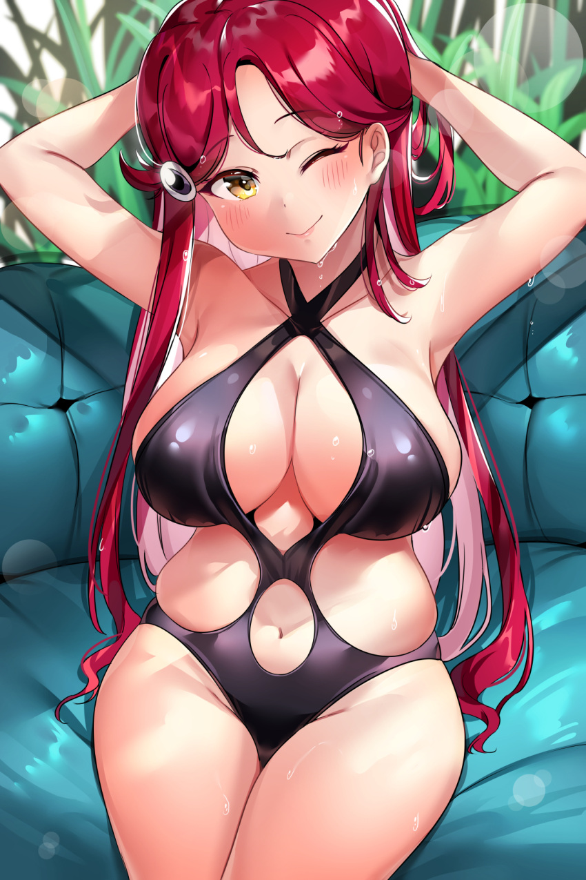 1girl ;) armpits arms_behind_head arms_up bangs black_swimsuit blush breasts collarbone couch criss-cross_halter curvy groin hair_ornament halterneck head_tilt highres large_breasts long_hair looking_at_viewer love_live! love_live!_sunshine!! navel navel_cutout one_eye_closed redhead sakurauchi_riko sitting skindentation smile solo swimsuit tem10 thighs wet yellow_eyes