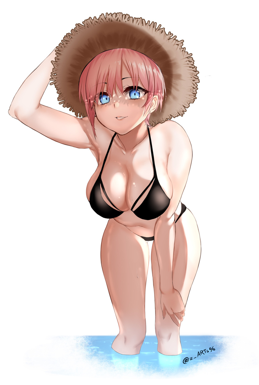 1girl absurdres bangs bikini black_bikini blue_eyes breasts collarbone earrings go-toubun_no_hanayome hair_between_eyes hand_on_headwear hand_on_own_thigh hat highres jewelry large_breasts looking_at_viewer nakano_ichika pink_hair short_hair smile solo straw_hat stud_earrings swimsuit thighs twitter_username wading water wet zasshu