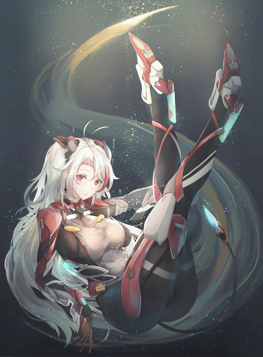 1girl absurdres antenna_hair azur_lane blush bodysuit boots breasts bubble cross cross_earrings earrings eyebrows_visible_through_hair full_body garter_straps gloves glowing hair_between_eyes headgear high_heels highres jewelry large_breasts legs_up leotard light_particles long_hair long_sleeves looking_at_viewer mole multicolored_hair open_mouth parted_lips prinz_eugen_(azur_lane) reclining red_eyes redhead rudder_footwear sideboob silver_hair solo streaked_hair tail thigh-highs thigh_boots thighs two_side_up underwater very_long_hair white_background wide_sleeves yusha_(m-gata)