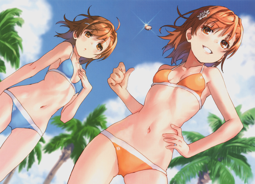 2girls absurdres bikini blue_sky blurry blurry_background breasts brown_eyes brown_hair cowboy_shot day depth_of_field dutch_angle eyebrows_visible_through_hair fang flower glint grin hair_flower hair_ornament hairclip hand_on_hip hand_on_own_chest highres huge_filesize misaka_imouto misaka_mikoto multiple_girls navel outdoors raika9 scan short_hair skin_fang sky small_breasts smile swimsuit to_aru_kagaku_no_railgun to_aru_majutsu_no_index