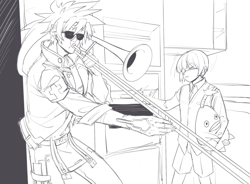 2boys eyepatch grandfather_and_grandson guilty_gear guilty_gear_2 highres instrument kitchen kuangren_k lineart male_focus meme multiple_boys music oven playing_instrument shorts sin_kiske sol_badguy spiky_hair stuffed_toy sunglasses trombone when_mama_isn't_home