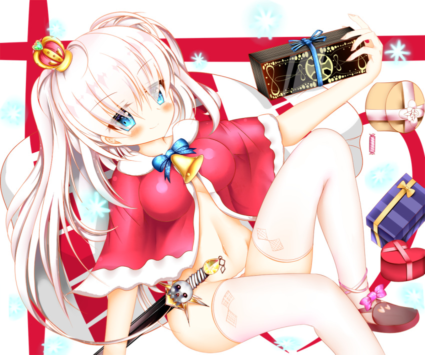 1girl blue_eyes blush bow box breasts ce4wgd christmas crown gift hair_over_eyes hand_up heart-shaped_box long_hair medium_breasts mini_crown navel panties pink_bow red_background sack sennen_sensou_aigis simple_background sitting smile snowflakes solo sword sybilla thigh-highs tilted_headwear two-tone_background underwear weapon white_background white_hair white_legwear wrapped_candy