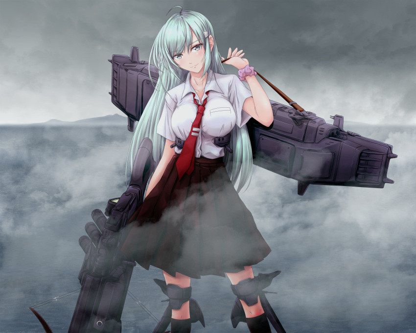 1girl absurdres ahoge aqua_eyes aqua_hair bangs blush bow_(weapon) breast_pocket breasts brown_skirt collarbone collared_shirt crossbow eyebrows_visible_through_hair fog hair_ornament hairclip head_tilt highres holding holding_weapon huge_filesize junk_life kantai_collection kneehighs large_breasts long_hair looking_at_viewer necktie pleated_skirt pocket red_neckwear rigging school_uniform scrunchie shirt short_sleeves sidelocks skirt smile solo standing strap suzuya_(kantai_collection) weapon white_shirt wing_collar wrist_scrunchie