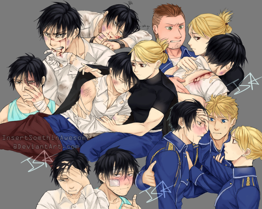 artist_name back bandaid_on_cheek bangs black_hair black_shirt blonde_hair blood blood_from_mouth blood_on_face bloody_hands blue_eyes blue_jacket blue_pants blue_shirt blush closed_eyes closed_mouth collar collarbone collared_jacket collared_shirt crying crying_with_eyes_open deviantart_username fullmetal_alchemist gloves grey_background hand_on_forehead hand_on_hand hand_on_head heymans_breda highres injury insertsomthinawesome jacket jean_havoc long_sleeves looking_at_another looking_at_viewer looking_down military military_uniform multiple_boys multiple_girls multiple_persona open_mouth pants riza_hawkeye roy_mustang scar shirt short_hair short_ponytail short_sleeves signature simple_background sweat tears teeth torn_clothes torn_gloves torn_shirt uniform watermark web_address white_gloves white_shirt