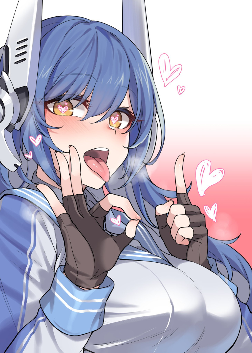 1girl bangs black_gloves blue_hair blush breasts eyebrows_visible_through_hair fingerless_gloves girls_frontline gloves gradient gradient_background hair_between_eyes headgear heart heart-shaped_pupils heavy_breathing highres index_finger_raised jacket jingo large_breasts leotard long_hair long_sleeves looking_at_viewer open_mouth shirt simple_background smile solo symbol-shaped_pupils tar-21_(girls_frontline) tongue tongue_out upper_body yellow_eyes