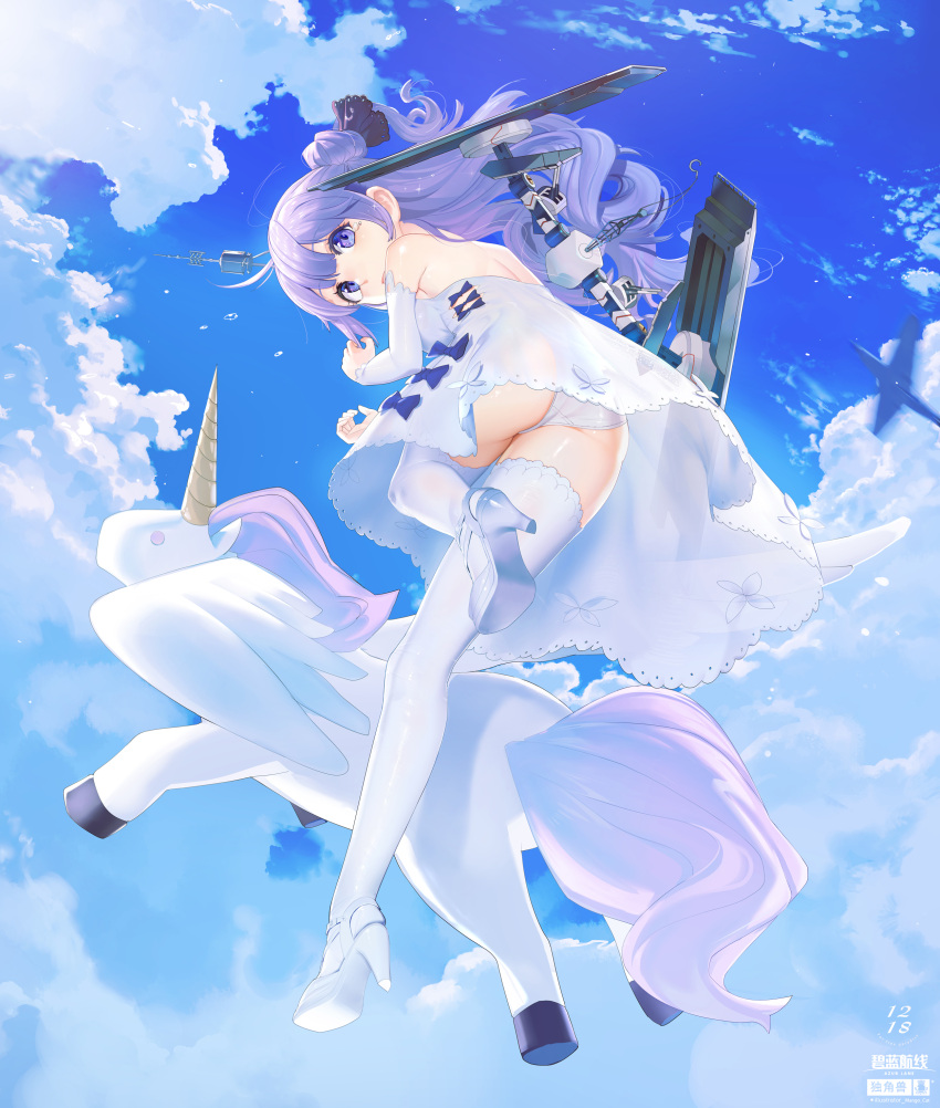 1girl absurdres aircraft airplane ass azur_lane bare_shoulders black_bow black_ribbon blue_sky bow clouds commentary_request copyright_name dated detached_sleeves dress flying from_below full_body hair_bun headgear high_heels highres lace lace-trimmed_ribbon long_hair looking_at_viewer mango_cat one_side_up panties petite purple_hair ribbon see-through side_bun sky stuffed_unicorn tears thigh-highs underwear unicorn unicorn_(azur_lane) violet_eyes white_dress white_footwear white_legwear white_panties