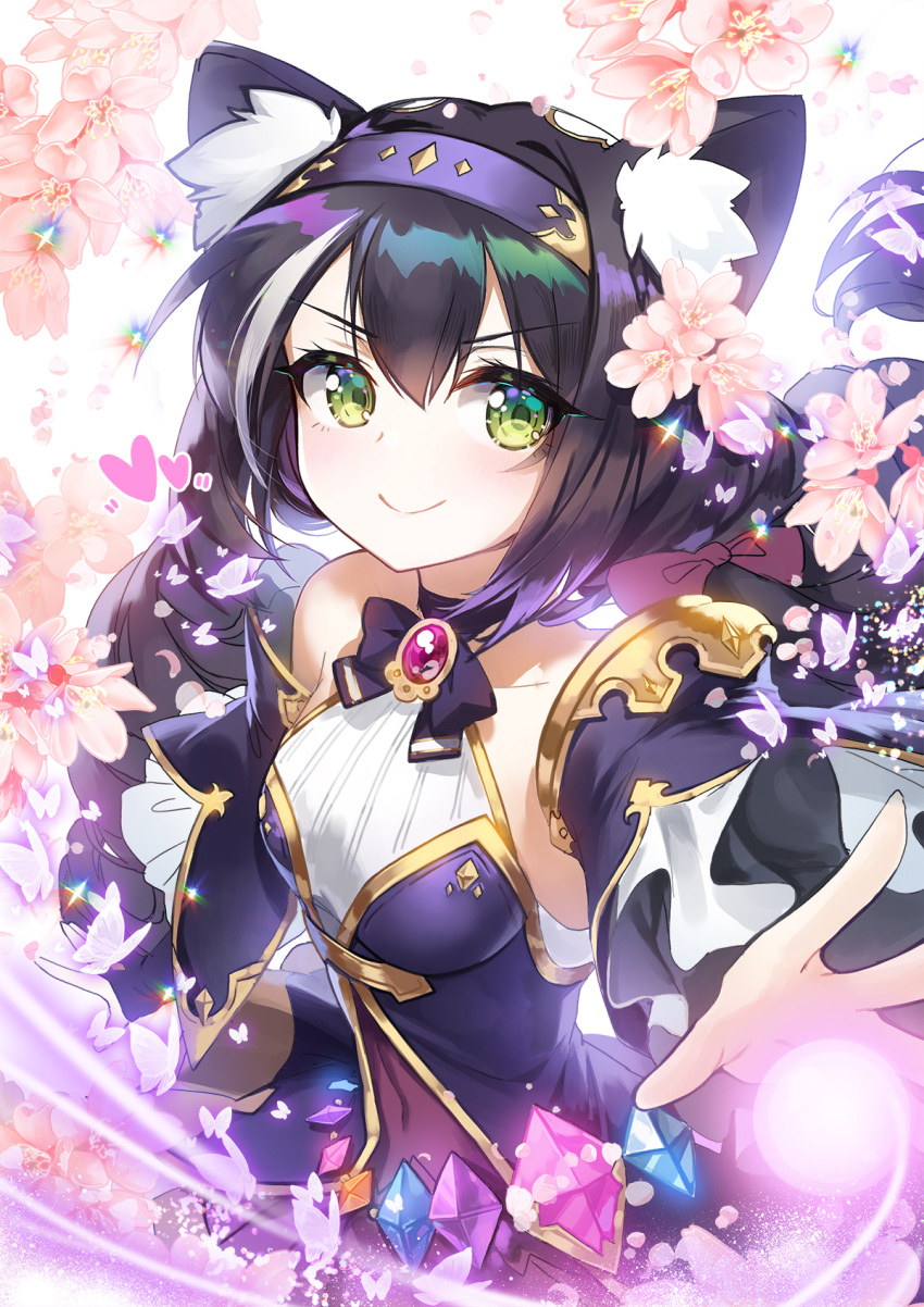 1girl animal_ear_fluff animal_ears apple_caramel black_hair bow breasts brooch bug butterfly cat_ears cat_tail covered_navel green_eyes hair_bow hairband heart highres insect jewelry kyaru_(princess_connect) long_hair looking_at_viewer low_twintails multicolored_hair petals pink_bow princess_connect! princess_connect!_re:dive purple_hairband small_breasts smile solo standing streaked_hair tail twintails upper_body