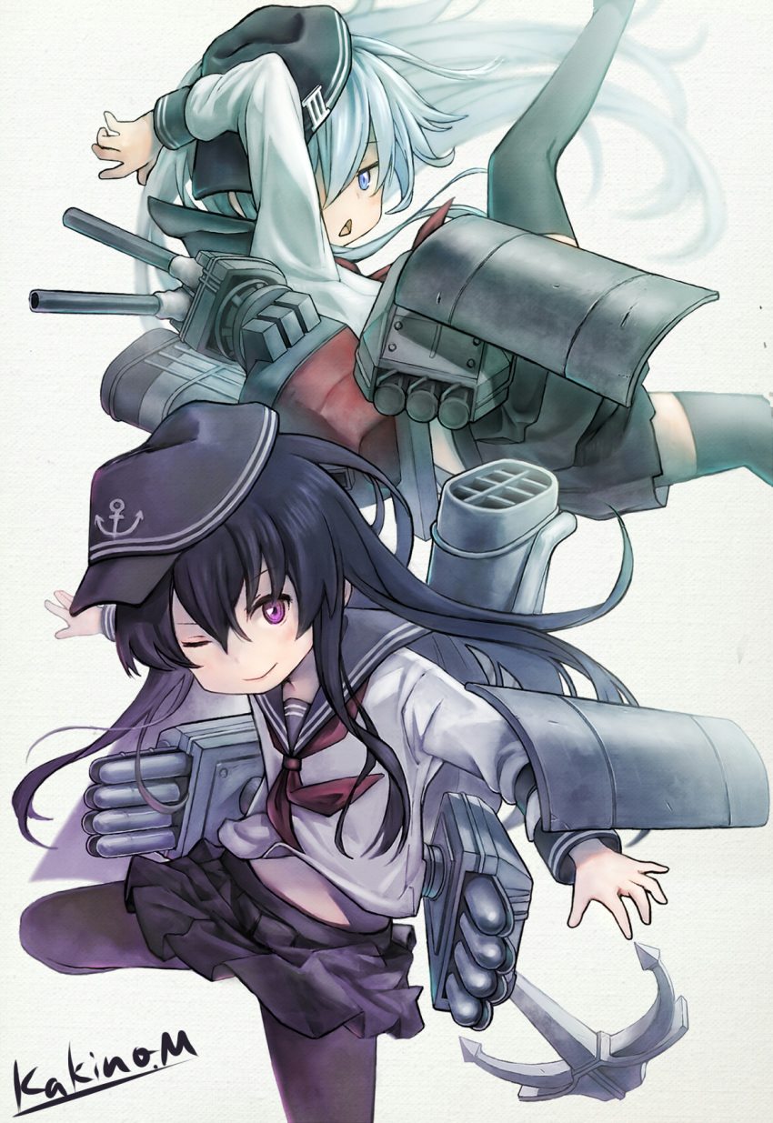 2girls akatsuki_(kantai_collection) anchor anchor_symbol bangs black_hair black_legwear black_skirt blue_eyes blush flat_cap hat hibiki_(kantai_collection) highres kakinomai kantai_collection long_hair multiple_girls one_eye_closed open_mouth pantyhose pleated_skirt red_neckwear rigging sailor_collar school_uniform serafuku signature silver_hair simple_background skirt smile thigh-highs torpedo torpedo_tubes violet_eyes