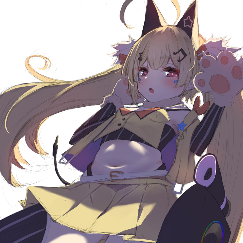 1girl absurdres ahoge animal_ears azur_lane belt black_panties blonde_hair blush breasts cat_ears cat_paws elbow_gloves eldridge_(azur_lane) eldridge_(catgirl_idol?)_(azur_lane) fake_animal_ears fur_collar gloves highleg highleg_panties highres isobeageage looking_at_viewer midriff miniskirt musical_note_hair_ornament navel panties paws pleated_skirt red_eyes simple_background skirt small_breasts solo standing thong twintails underwear vest white_background yellow_skirt