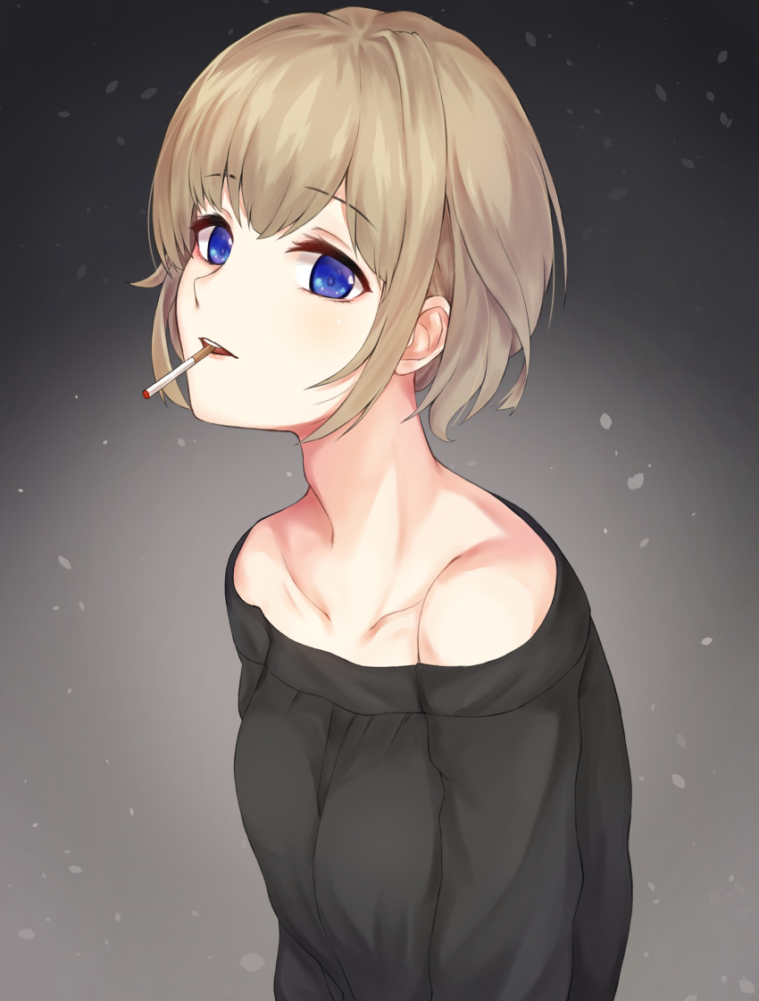1girl absurdres angdo_(kakajo26) bangs bare_shoulders black_sweater blue_eyes breasts brown_hair cigarette collarbone commentary_request eyebrows_visible_through_hair highres looking_at_viewer medium_breasts open_mouth original short_hair smile smoking sweater
