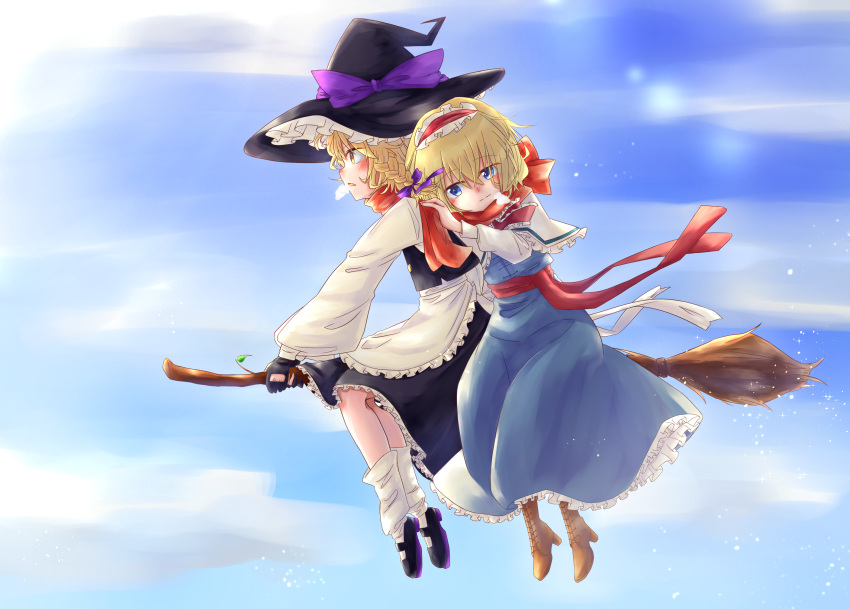 2girls alice_margatroid apron black_dress black_gloves black_vest blonde_hair blue_dress blue_eyes blush boots braid broom broom_riding capelet commentary_request day dress flying full_body gloves hair_ribbon hairband hand_on_another's_shoulder hat hat_ribbon highres kirisame_marisa leaning_on_person lolita_hairband long_hair long_sleeves medium_hair multiple_girls open_mouth purple_ribbon red_scarf ribbon scarf single_braid smile snow sparkle touhou vest waist_apron white_apron white_capelet winter witch witch_hat yellow_eyes
