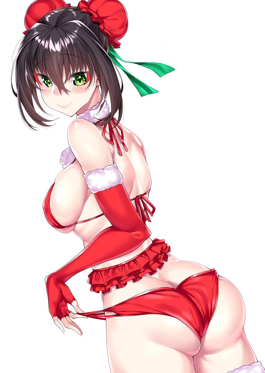 1girl absurdres ass back bikini_bottom bikini_top black_hair breasts bun_cover christmas double_bun elbow_gloves eyeshadow fate/grand_order fate_(series) fingerless_gloves frills fur_trim gloves green_eyes highres makeup medium_breasts qin_liangyu_(fate) red_eyeshadow sideboob simple_background solo watosu_(watosu_mama) white_background