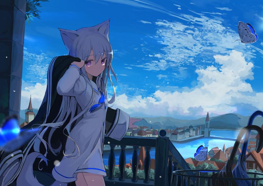 1girl absurdres animal_ears blue_sky bridge bug butterfly commentary_request day dress expressionless highres huge_filesize insect jacket long_hair long_sleeves looking_at_viewer mikisai original silver_hair sky solo tail town umbrella violet_eyes water white_dress