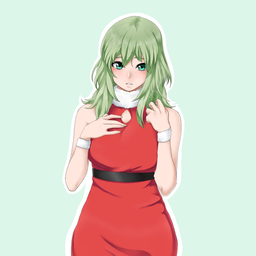 1girl alternate_costume byleth_(fire_emblem) byleth_eisner_(female) dress fire_emblem fire_emblem:_three_houses fur_trim green_eyes green_hair highres medium_hair parted_lips seityr simple_background sleeveless solo upper_body