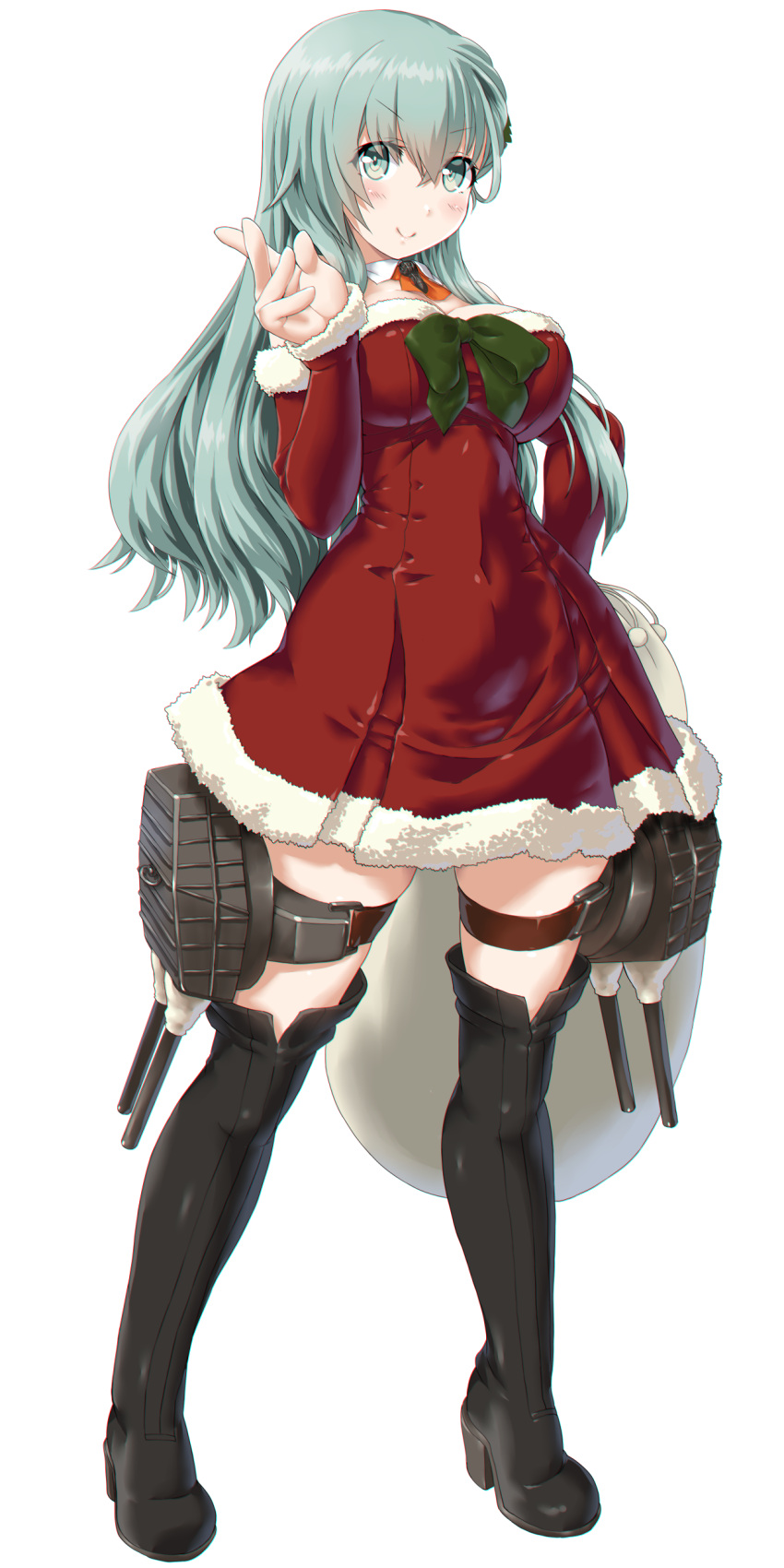 1girl absurdres aqua_eyes aqua_hair arm_warmers black_footwear boots breasts christmas_tree_hair_ornament collarbone dd_(ijigendd) detached_collar dress full_body fur_trim hair_ornament hand_on_hip highres kantai_collection large_breasts long_hair looking_at_viewer red_dress red_neckwear sack santa_dress simple_background solo standing suzuya_(kantai_collection) thigh-highs thigh_boots turret white_background
