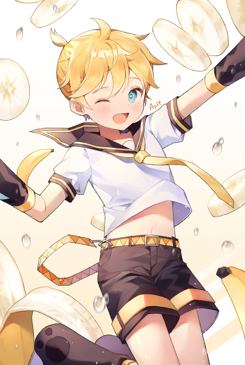 1boy arms_up artist_name azit_(down) banana banana_slice bangs black_footwear black_sailor_collar black_shorts blonde_hair blue_eyes blush boots detached_sleeves food fruit highres jumping kagamine_len looking_at_viewer male_focus midriff motion_blur navel necktie one_eye_closed ponytail sailor_collar shirt shirt_lift shorts solo star star_in_eye symbol_in_eye vocaloid water_drop white_shirt yellow_neckwear