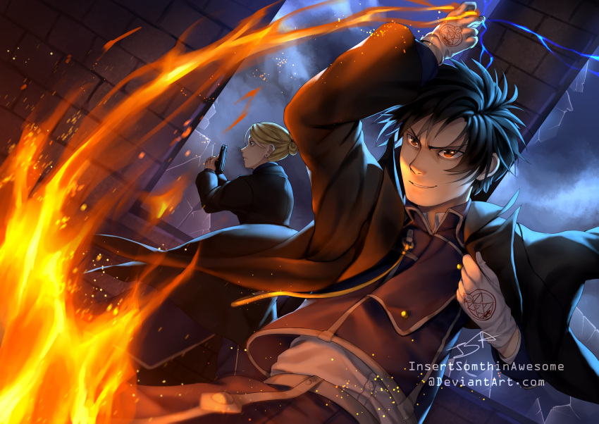 1boy 1girl alchemist alchemy bangs black_coat black_hair blonde_hair blue_sky broken_glass closed_mouth clouds cloudy_sky collar collared_jacket deviantart_username fire fullmetal_alchemist glass gloves gun handgun highres holding holding_clothes holding_gun holding_jacket holding_weapon insertsomthinawesome jacket long_sleeves looking_at_viewer looking_to_the_side military military_uniform open_clothes parted_lips riza_hawkeye roy_mustang shirt short_hair sky smirk standing uniform watermark weapon web_address white_gloves white_shirt