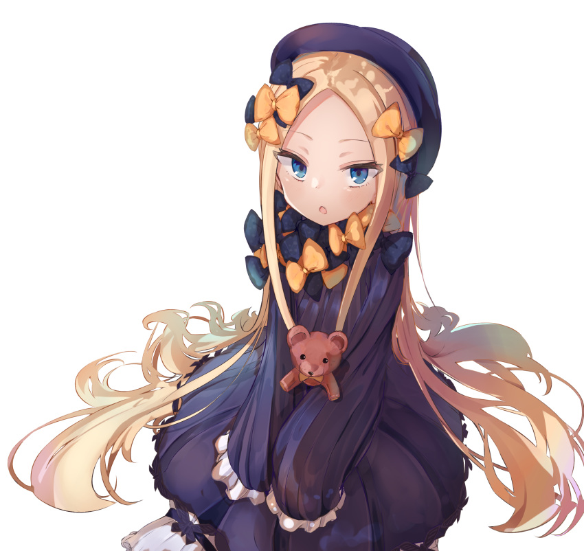 1girl abigail_williams_(fate/grand_order) absurdres bangs black_bow black_dress black_headwear blonde_hair blue_eyes blush bow dress fate/grand_order fate_(series) forehead hair_bow hat highres long_hair long_sleeves looking_at_viewer mikami_hotaka multiple_bows open_mouth orange_bow parted_bangs polka_dot polka_dot_bow ribbed_dress simple_background solo stuffed_animal stuffed_toy teddy_bear very_long_hair white_background white_bloomers