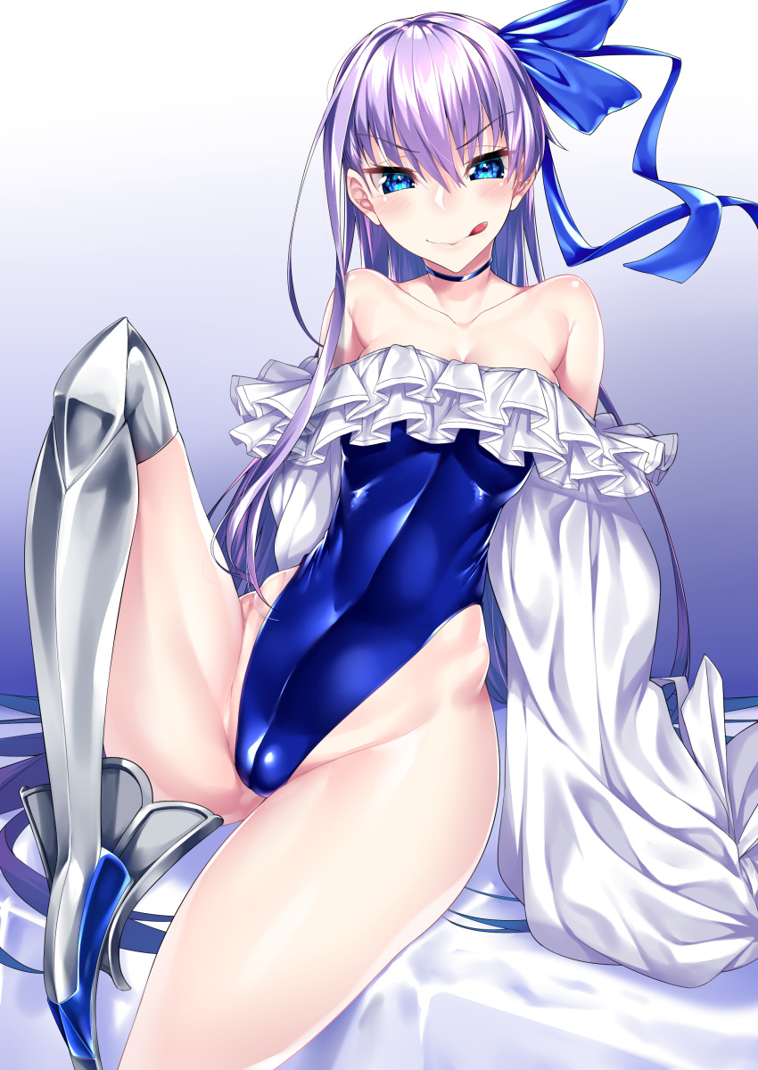 1girl :q absurdres bare_shoulders blue_eyes blue_ribbon bow choker collarbone detached_sleeves eyebrows_visible_through_hair fate/grand_order fate_(series) frills groin hair_bow highleg highres long_hair meltryllis meltryllis_(swimsuit_lancer)_(fate) one-piece_swimsuit prosthesis prosthetic_leg purple_hair ribbon sitting solo swimsuit tongue tongue_out very_long_hair watosu_(watosu_mama)
