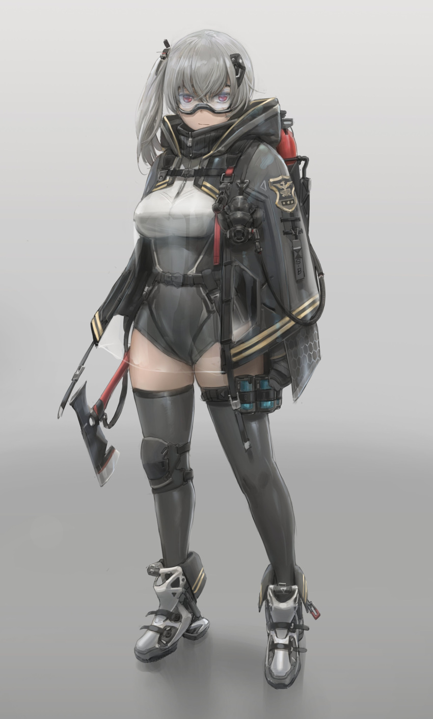 1girl absurdres armor armored_boots axe bangs black_legwear blush boots breasts canister cape cloak emblem fire_extinguisher full_body gas_mask goggles grey_hair grey_leotard hair_between_eyes highres holding holding_axe honeycomb_(pattern) honeycomb_print hood hood_down hooded_cloak large_breasts leotard long_hair looking_at_viewer original red_eyes side_ponytail sidelocks single_knee_pad skindentation snap-fit_buckle solo standing strap thigh-highs thigh_strap thighs translucent yohan1754
