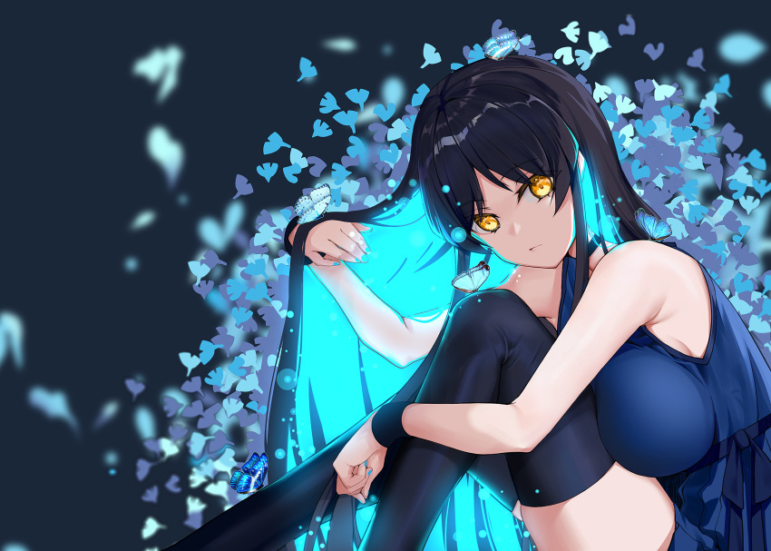 1girl aqua_hair aqua_nails bangs bare_shoulders black_choker black_hair black_legwear blue_dress breast_press breasts bug butterfly choker closed_mouth commentary_request dress eyebrows_visible_through_hair fingernails hair_tousle hand_up highres huge_filesize insect knees_to_chest knees_up long_hair looking_at_viewer multicolored_hair nail_polish original sitting sleeveless sleeveless_dress solo thigh-highs two-tone_hair very_long_hair wristband xiujia_yihuizi yellow_eyes