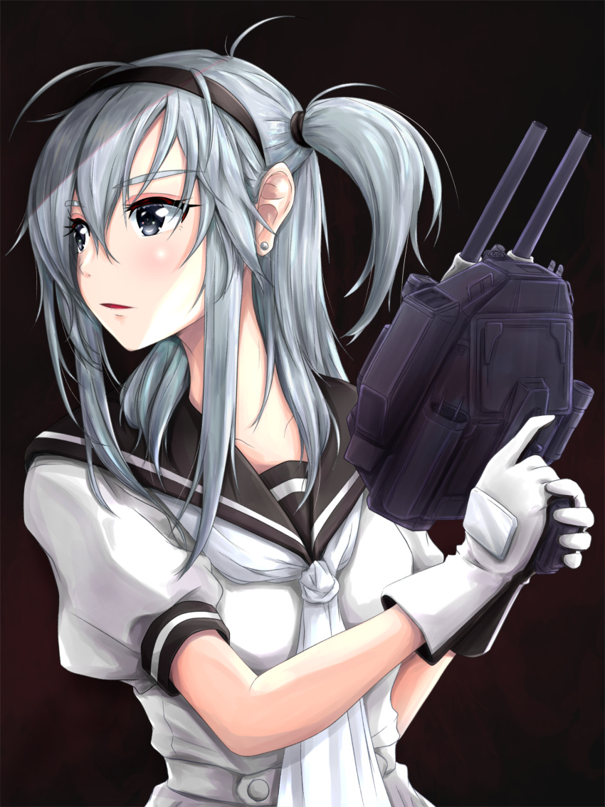 1girl absurdres bangs black_background blush breasts earrings eyebrows_visible_through_hair finger_on_trigger gloves grey_eyes hair_between_eyes headband highres holding holding_weapon jewelry junk_life kantai_collection long_hair looking_away medium_breasts neckerchief one_side_up open_mouth parody parody_request piercing sailor_collar school_uniform shirt sidelocks silver_hair simple_background solo stud_earrings suzutsuki_(kantai_collection) weapon white_gloves white_neckwear white_shirt