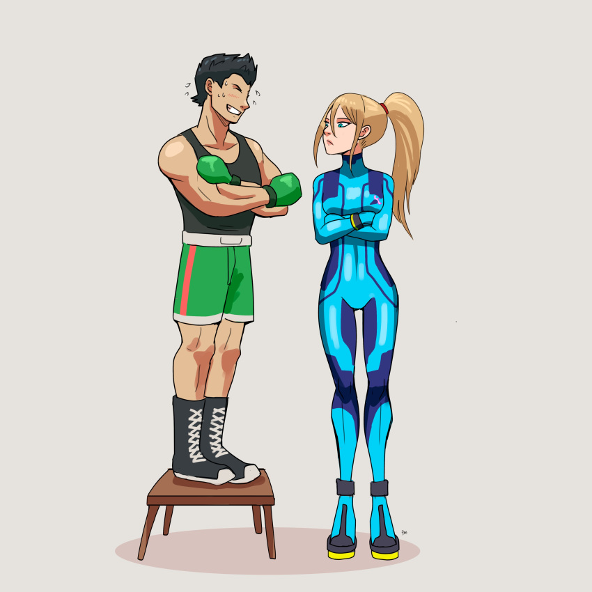 1boy 1girl absurdres awkward black_hair blonde_hair blue_eyes blush bodysuit boxer boxing_gloves breasts crossed_arms gloves height_difference high_ponytail highres large_breasts little_mac long_hair metroid mm127 mole mole_under_mouth nervous nervous_smile ponytail punch-out!! samus_aran short_hair simple_background skin_tight smile standing_on_object stool super_smash_bros. sweat white_background zero_suit