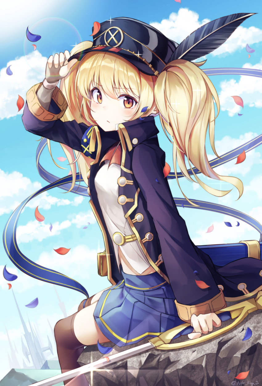 1girl absurdres apple_ringo armband black_headwear blonde_hair blue_jacket blue_skirt blue_sky brown_legwear clouds cutlass_(sword) feathers frown hand_on_headwear hat highres holding holding_sword holding_weapon jacket long_hair long_sleeves looking_at_viewer looking_to_the_side miniskirt monica_weisswind open_clothes open_jacket orange_eyes peaked_cap petals pleated_skirt princess_connect! shirt sitting skirt sky solo sword thigh-highs twintails weapon white_shirt wing_collar zettai_ryouiki