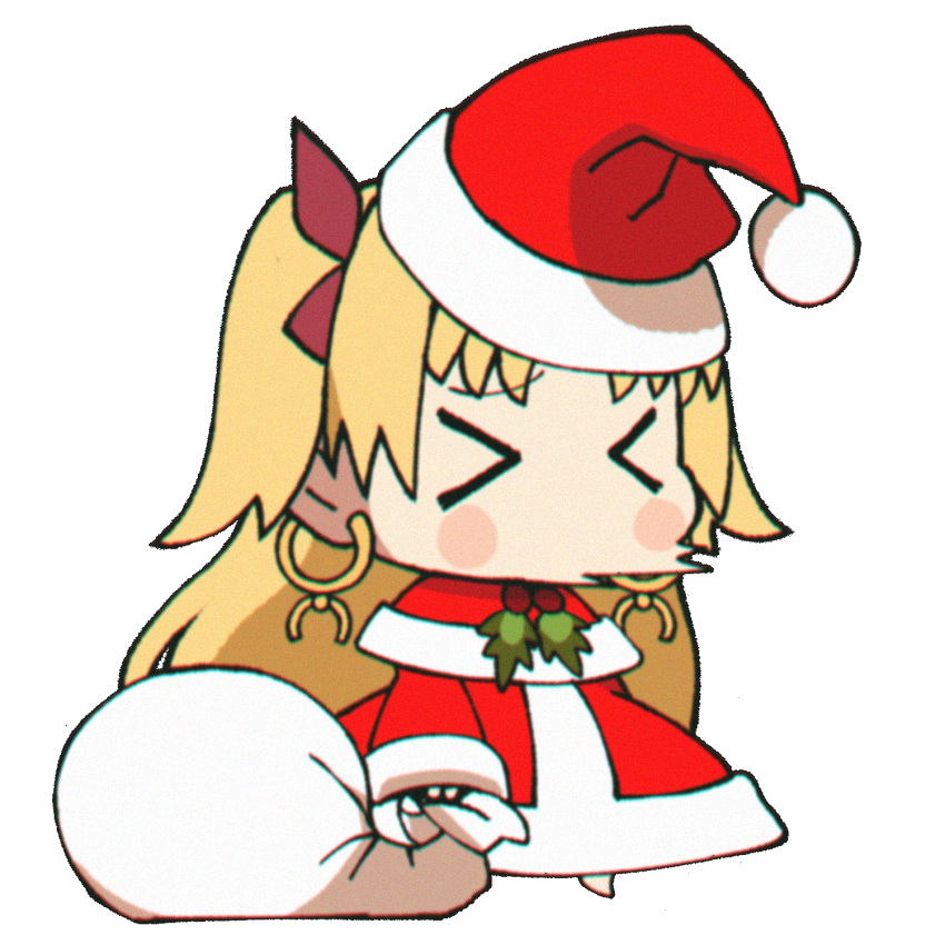 &gt;_&lt; 1girl blonde_hair blush_stickers chibi christmas closed_eyes commentary earrings english_commentary ereshkigal_(fate/grand_order) fate/grand_order fate_(series) hair_ribbon hat highres hoop_earrings jewelry loen-lapae long_hair long_sleeves meme open_mouth padoru red_headwear ribbon sack santa_costume santa_hat simple_background sneezing solo standing tohsaka_rin toosaka_rin type-moon what white_background
