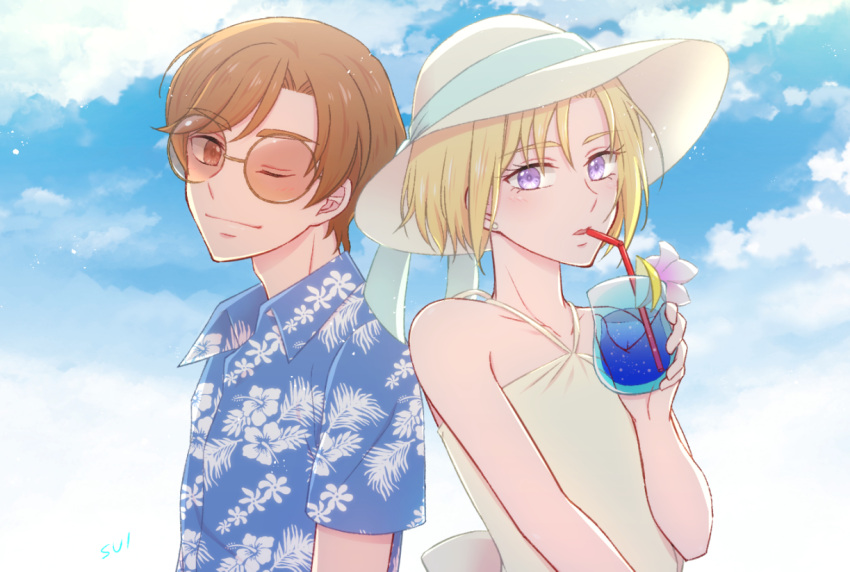 2boys aisaki_masato bare_shoulders bishounen blonde_hair brown_eyes brown_hair criss-cross_halter drink drinking floral_print halter_top halterneck hat hawaiian_shirt hugtto!_precure looking_at_viewer multiple_boys one_eye_closed precure print_shirt shirt smile sui_(w_number2) sun_hat sunglasses violet_eyes wakamiya_henri