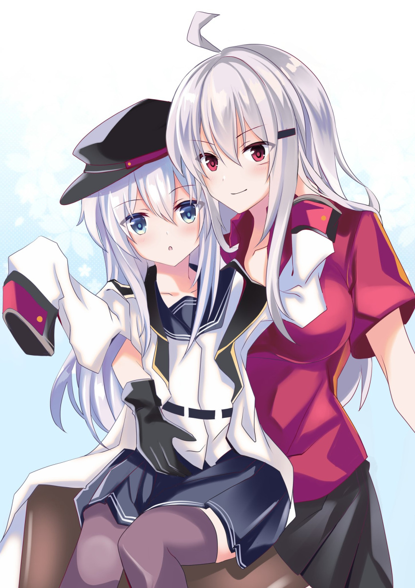 2girls black_legwear black_skirt blue_eyes blush breasts eyebrows_visible_through_hair fathom flat_cap gangut_(kantai_collection) gradient gradient_background grey_hair hair_between_eyes hair_ornament hairclip hat hibiki_(kantai_collection) highres jacket kantai_collection large_breasts long_hair long_sleeves looking_at_viewer multiple_girls open_mouth pantyhose peaked_cap pleated_skirt red_eyes red_shirt scar school_uniform serafuku shirt short_sleeves silver_hair sitting sitting_on_lap sitting_on_person skirt thigh-highs verniy_(kantai_collection) white_jacket