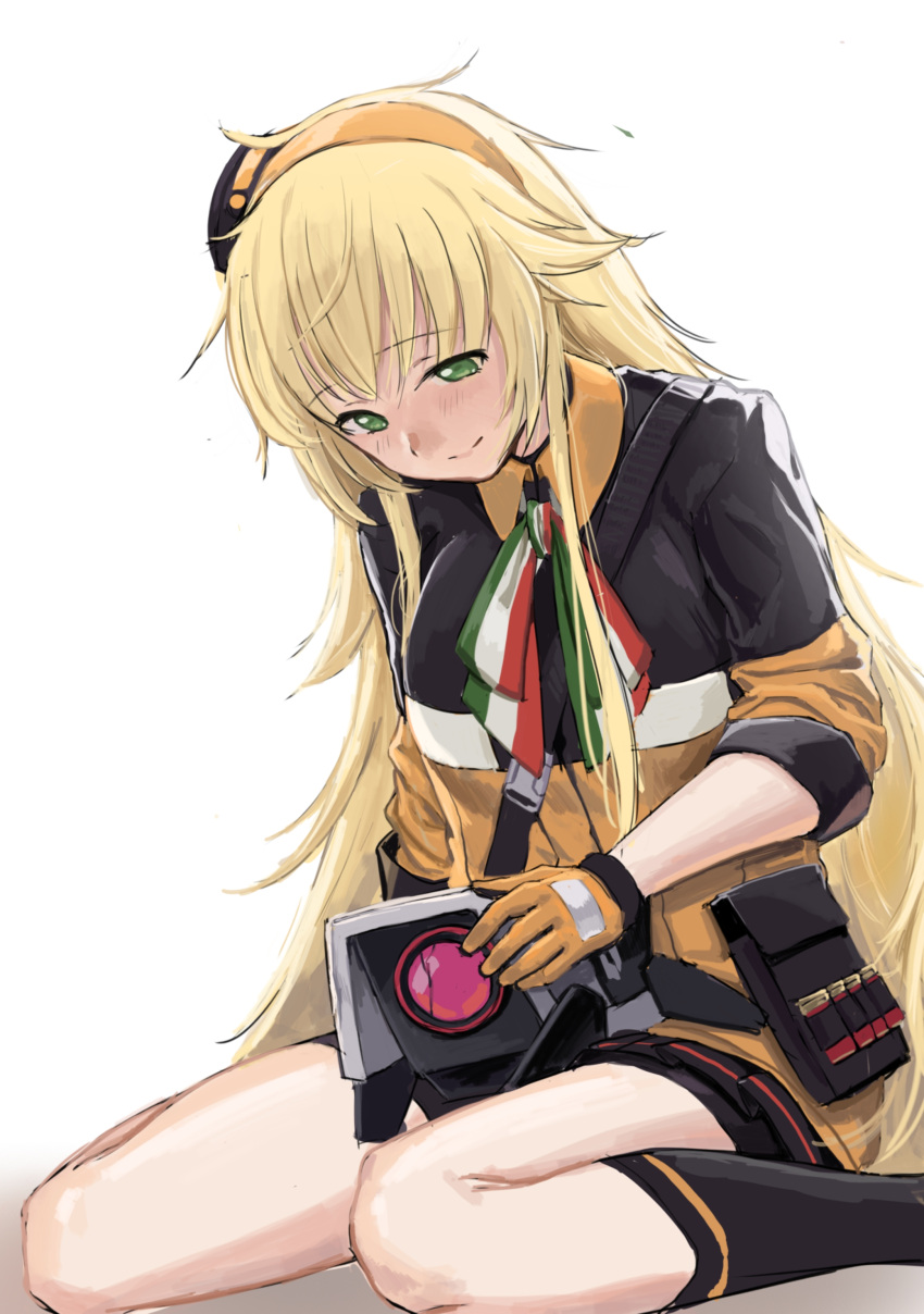 absurdres baggy_clothes blonde_hair cracked_lens dinergate_(girls_frontline) girls_frontline gloves green_eyes hairband highres italian_flag italian_flag_neckwear jacket kuro_(zhurunbo1997) long_hair messy_hair orange_cardigan orange_hairband orange_jacket orange_sailor_collar s.a.t.8_(girls_frontline) sailor_collar sangvis_ferri shotgun_shells skirt very_long_hair