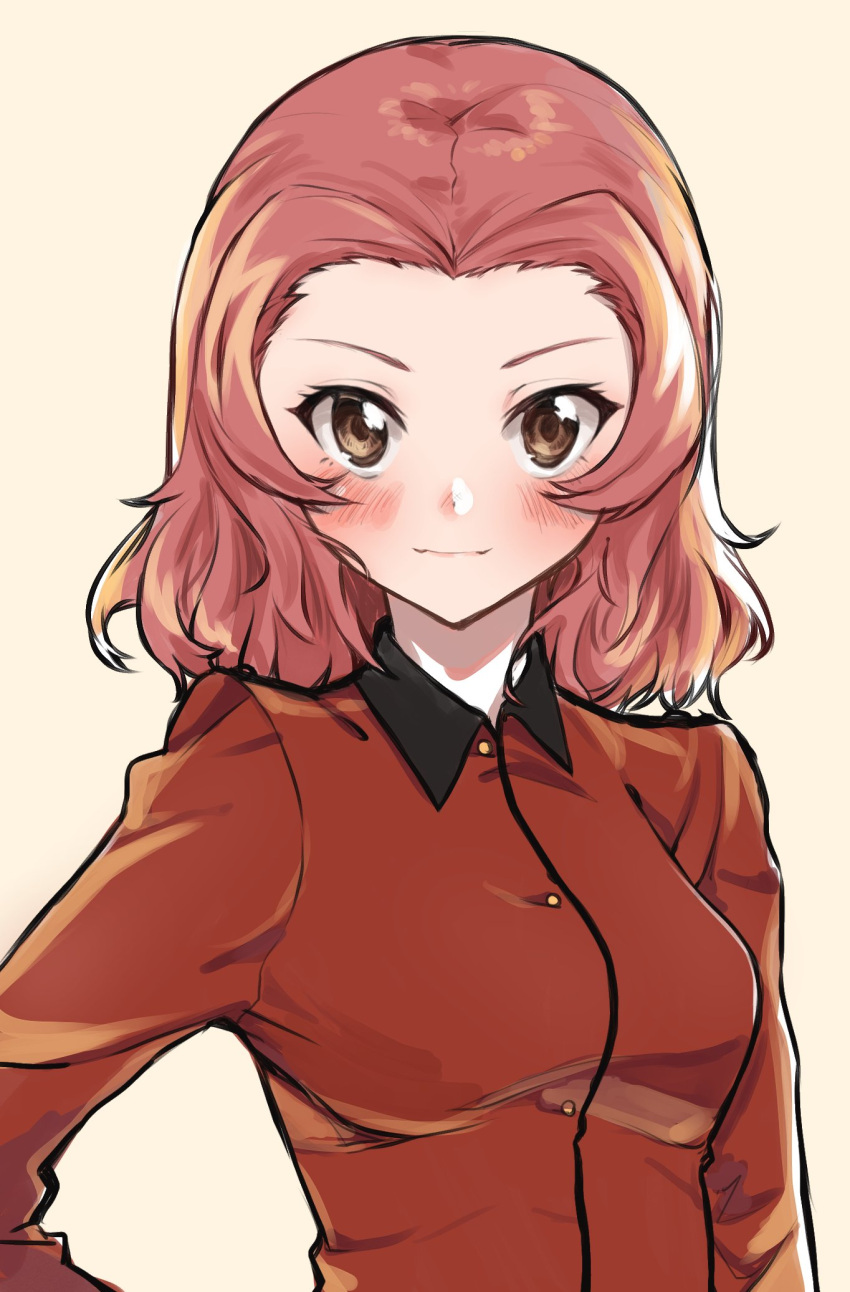 1girl blush brown_eyes closed_mouth commentary epaulettes girls_und_panzer hand_on_hip highres jacket long_sleeves looking_at_viewer mamu_t7s medium_hair military military_uniform red_jacket redhead rosehip simple_background smile solo st._gloriana's_military_uniform uniform upper_body yellow_background