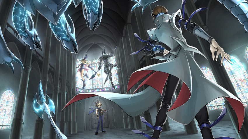 1girl 3boys apollo_hotori_(pixiv_id_3211492) armor back bare_shoulders belt black_footwear black_pants black_shirt blonde_hair blue_footwear blue_headwear blue_pants blue_skin boots brown_hair candle clenched_hand closed_mouth collar column dark_magician dark_magician_girl door dragon duel_disk duel_monster dutch_angle full_body hat high_collar highres holding holding_staff holding_weapon indoors jacket_on_shoulders kaiba_seto light_rays long_hair long_sleeves looking_at_another midair multicolored_hair multiple_belts multiple_boys neo_blue-eyes_ultimate_dragon open_mouth pants pauldrons pillar scar school_uniform sharp_teeth shirt shoes short_hair sleeveless sleeveless_shirt smile spiky_hair staff stained_glass standing sunbeam sunlight tank_top teeth violet_eyes wand weapon white_coat window wristband yami_yuugi yuu-gi-ou yuu-gi-ou_the_dark_side_of_dimensions