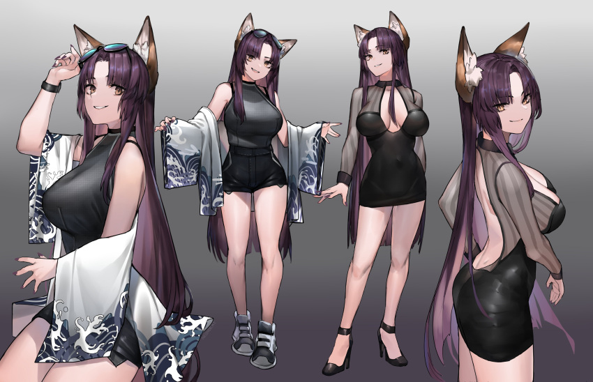 1girl absurdres alternate_costume animal_ear_fluff animal_ears backless_dress backless_outfit bangs bare_legs bare_shoulders black_dress black_footwear black_shirt black_shorts breasts casual commentary commission contemporary covered_navel dress eyebrows_visible_through_hair eyewear_on_head fox_ears gradient gradient_background grey_background high_heels highres kamidori_alchemy_meister kohakuren large_breasts long_hair looking_at_viewer micro_shorts multiple_views neonbeat no_tail parted_bangs parted_lips purple_hair purple_nails shirt shoes shorts simple_background sleeveless sleeveless_shirt smile sunglasses very_long_hair watch watch wide_sleeves yellow_eyes