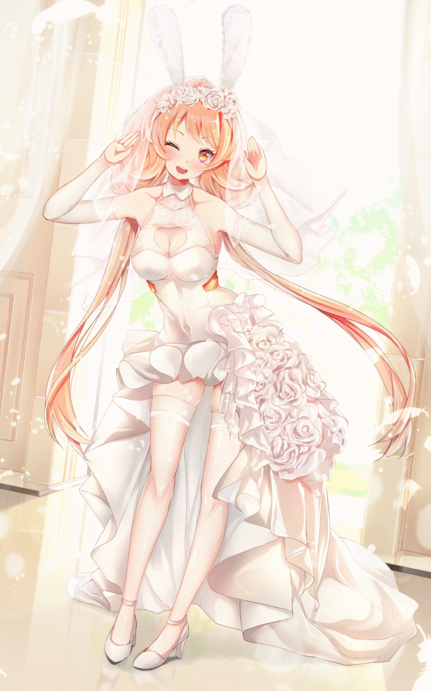 1girl ;d animal_ears armpits arms_up azur_lane bangs benson_(azur_lane) blonde_hair breasts bridal_veil bunny_pose cleavage_cutout collarbone commentary_request covered_navel curtains detached_sleeves dress dutch_angle fake_animal_ears feathers fishnet_legwear fishnets flower frilled_dress frills full_body hairband hato_haru head_wreath high_heels highres indoors leaning_forward light_particles light_rays long_hair looking_at_viewer low_twintails medium_breasts one_eye_closed open_mouth rabbit_ears reflection rose sleeveless smile solo thigh-highs twintails upper_teeth veil waist_cape wedding_dress white_dress white_flower white_footwear white_rose white_sleeves yellow_eyes zettai_ryouiki