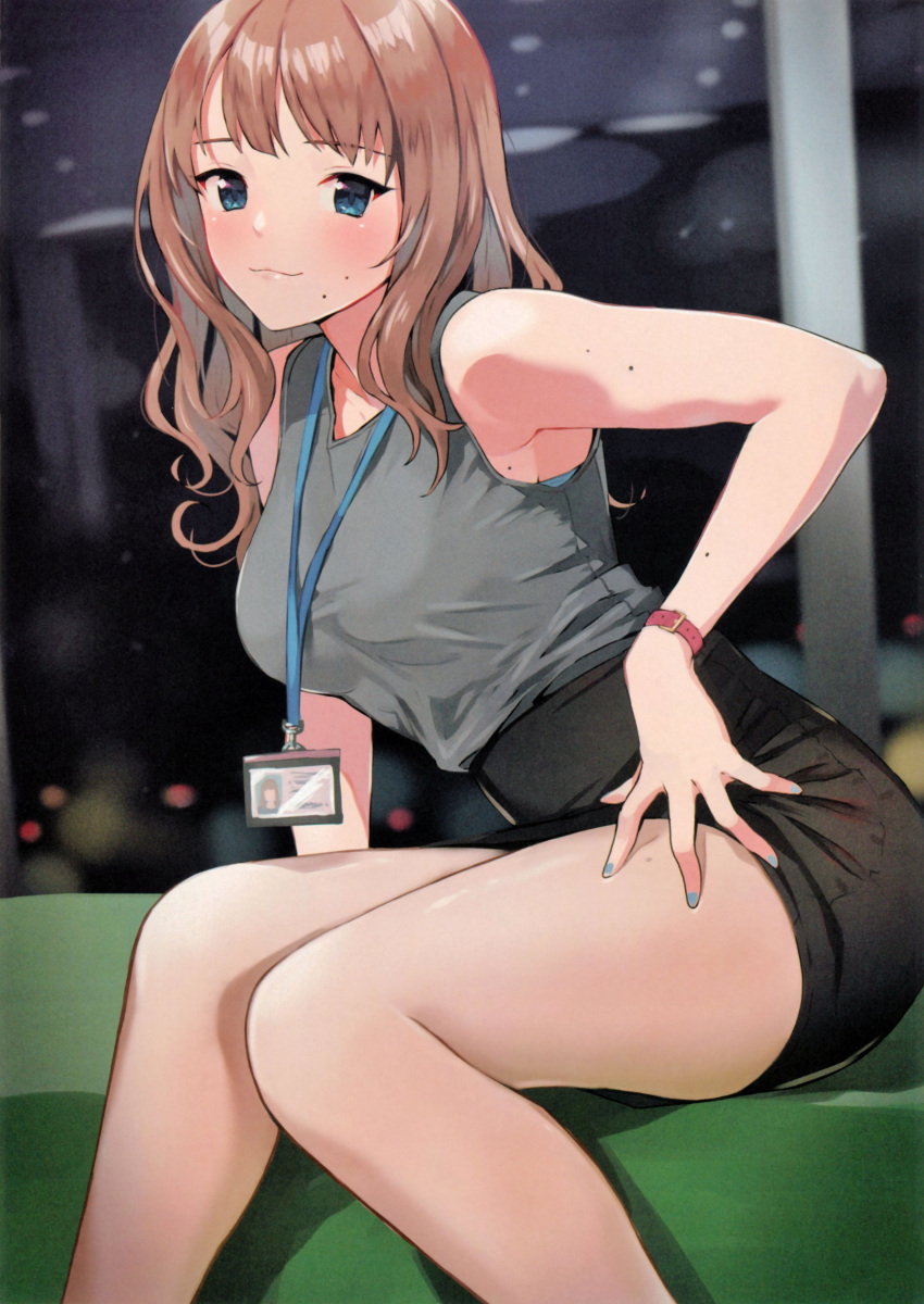 1girl absurdres arm_support blue_eyes blue_nails blush bra bra_peek breasts brown_hair closed_mouth collarbone doushimasho eyebrows_visible_through_hair highres id_card lanyard long_hair looking_at_viewer medium_breasts mole mole_on_arm mole_on_armpits mole_on_thigh mole_under_mouth nail_polish office_lady original pencil_skirt scan shirt sitting skirt sleeveless sleeveless_shirt smile solo thighs underwear watch watch