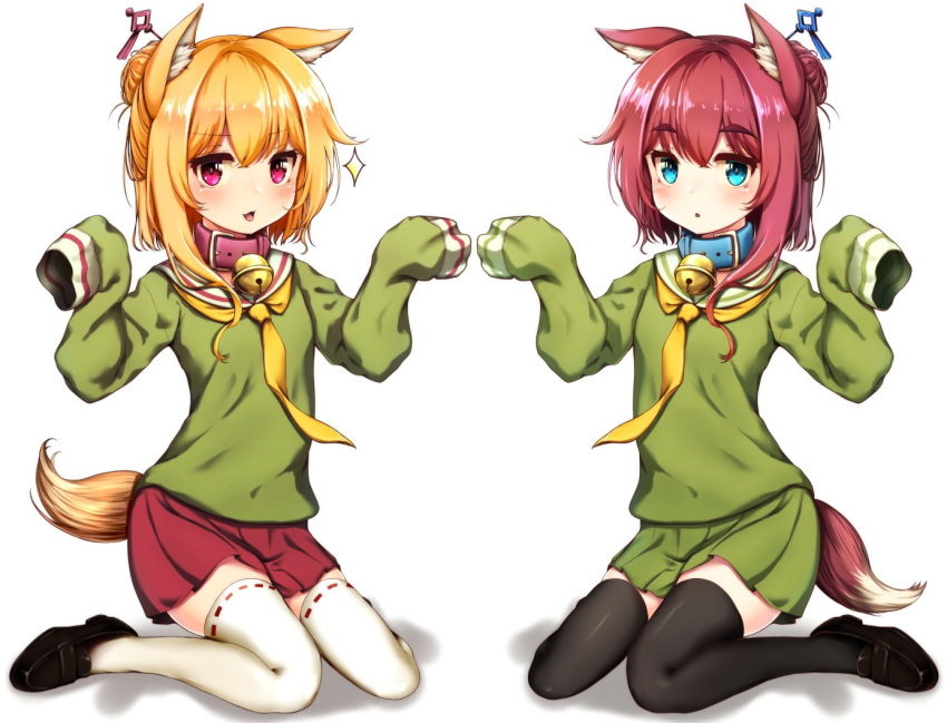 2girls animal_ear_fluff animal_ears bangs bell bell_collar black_footwear black_legwear blonde_hair blue_coat blue_eyes blush borrowed_character collar commentary_request eyebrows_visible_through_hair fox_ears fox_girl fox_tail green_shirt green_skirt hair_between_eyes hair_bun hair_ornament hands_up jingle_bell kemomimi-chan_(naga_u) loafers long_hair long_sleeves multiple_girls necktie nekopan_mashiro original parted_lips pleated_skirt red_collar red_skirt redhead ribbon-trimmed_legwear ribbon_trim sailor_collar shadow shirt shoes sitting skirt sleeves_past_fingers sleeves_past_wrists sparkle tail thigh-highs tongue violet_eyes wariza white_background white_legwear white_sailor_collar yellow_neckwear