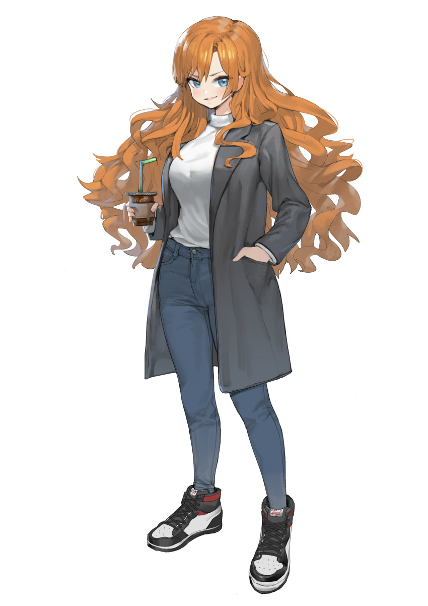 1girl absurdres bangs black_coat black_footwear blue_eyes breasts casual coat commentary cup denim disposable_cup drinking_straw english_commentary full_body hand_in_pocket highres holding holding_cup jeans large_breasts long_hair long_sleeves open_clothes open_coat orange_hair original pants parted_lips romana shoes simple_background smile sneakers standing sweater v-shaped_eyebrows very_long_hair wavy_hair white_background white_sweater