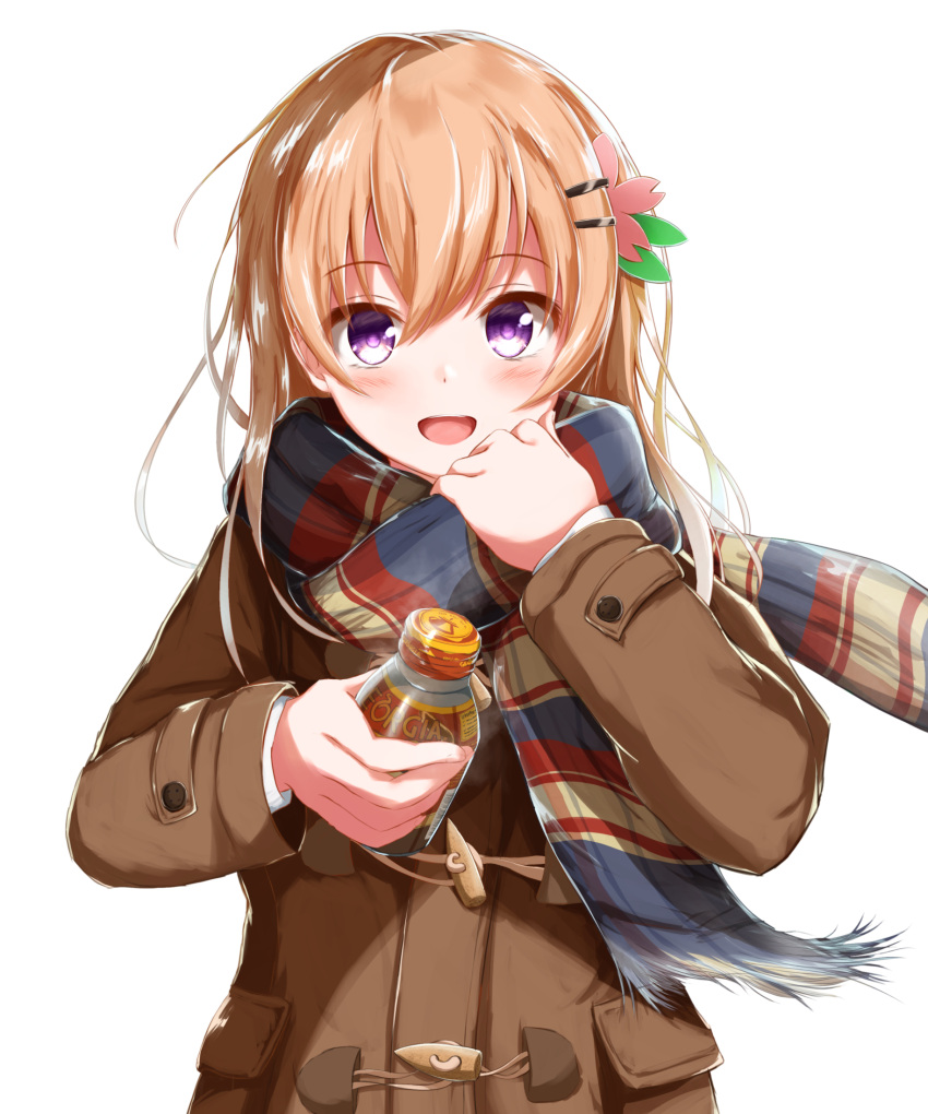 1girl blush bottle brown_coat brown_hair coat eyebrows_visible_through_hair gochuumon_wa_usagi_desu_ka? hair_ornament hairclip highres holding holding_bottle hoto_cocoa long_sleeves looking_at_viewer multicolored multicolored_clothes multicolored_scarf open_mouth scarf short_hair simple_background smile solo upper_body violet_eyes white_background ysys