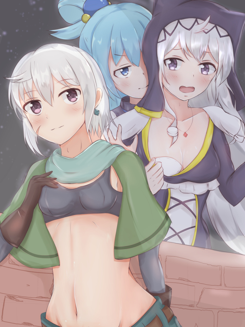 3 aqua_(konosuba) blue_eyes blue_hair blush breast_padding breasts chris_(konosuba) eris_(konosuba) frills gloves habit hair_between_eyes hair_ornament highres kono_subarashii_sekai_ni_shukufuku_wo! long_hair looking_at_viewer mos_(msmosmasa) navel number open_mouth pads short_hair silver_hair smile very_long_hair violet_eyes