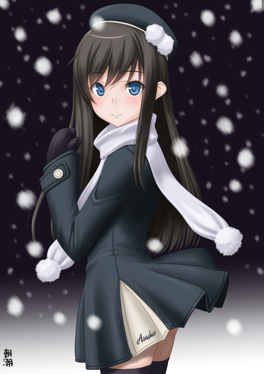 1girl alternate_costume asashio_(kantai_collection) bangs black_coat black_hair black_headwear black_legwear black_mittens blue_eyes blurry character_name commentary_request cowboy_shot eyebrows_visible_through_hair from_side hands_up hat highres kantai_collection long_hair long_sleeves looking_at_viewer looking_to_the_side mittens own_hands_together pom_pom_(clothes) scarf smile snowing solo t2r thigh-highs white_scarf winter_clothes