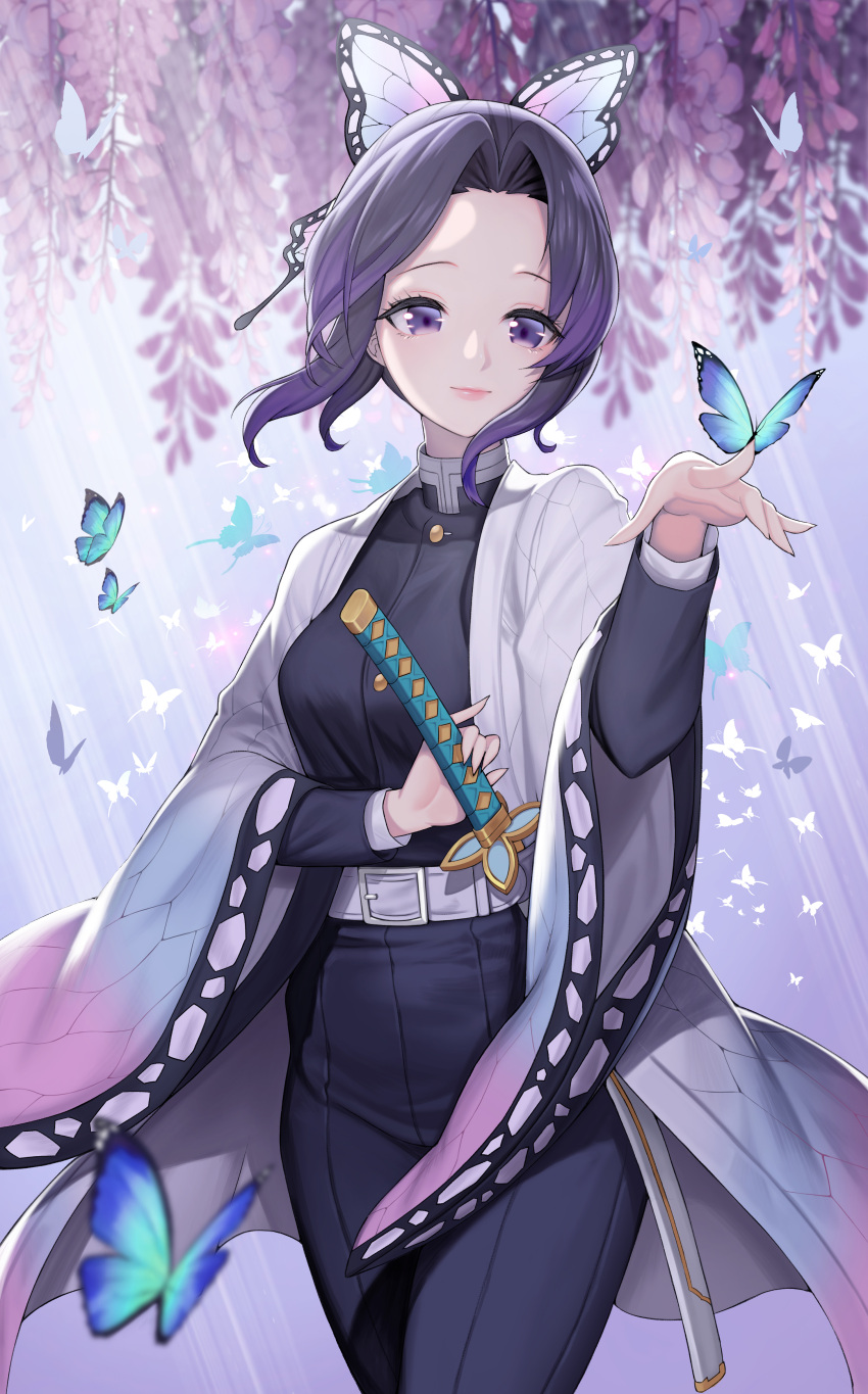 1girl absurdres bangs belt black_hair breasts bug butterfly butterfly_hair_ornament commentary_request forehead hair_ornament haori hawah127 highres insect japanese_clothes katana kimetsu_no_yaiba kochou_shinobu long_sleeves looking_at_viewer multicolored_hair outdoors parted_bangs purple_hair short_hair smile solo sword uniform violet_eyes weapon
